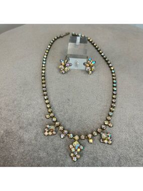 Sherman aurora borealis Crystal rhinestone screw back earring necklace set